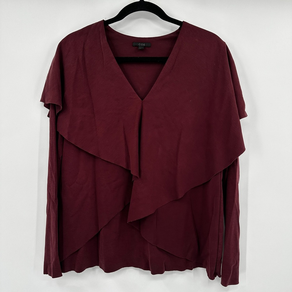 COS Women Burgundy Long Sleeve Waterfall Draped Top Size Medium